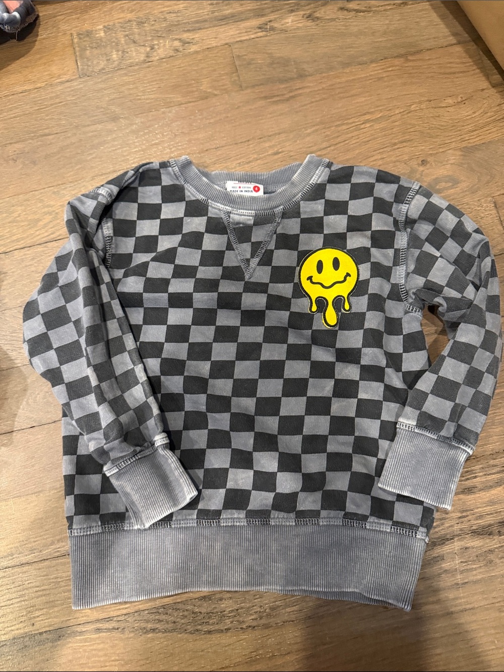 Gymboree Black & Gray Checkerboard Sweatshirt with Yellow Drip Smile